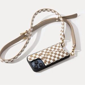 RARE Bandolier Taupe Checkered iPhone 14 Pro Case with Strap & extended pouch